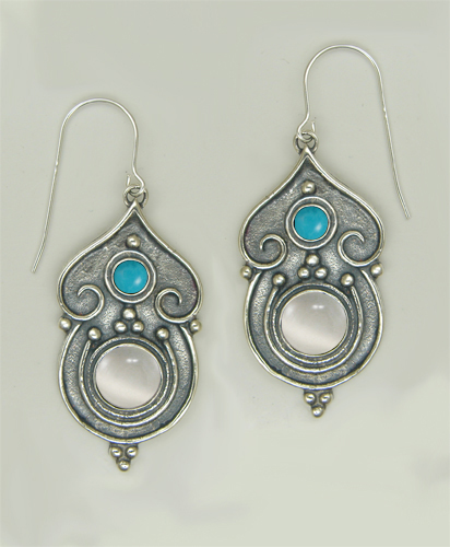 Sterling Silver Gothic Inspired Drop Dangle Earrings With White Moonstone And Turquoise